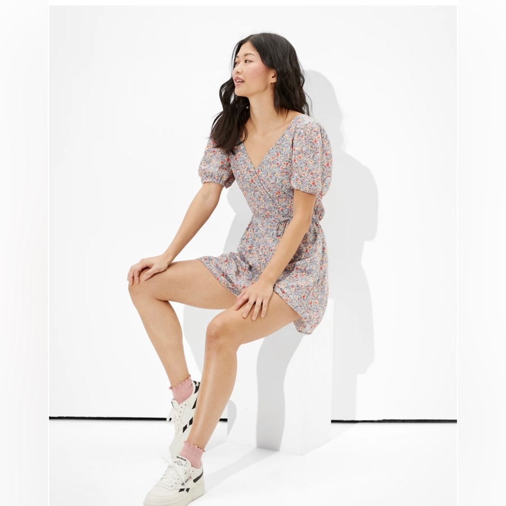 American Eagle Floral Wrap Front Romper with short Puff-Sleeve